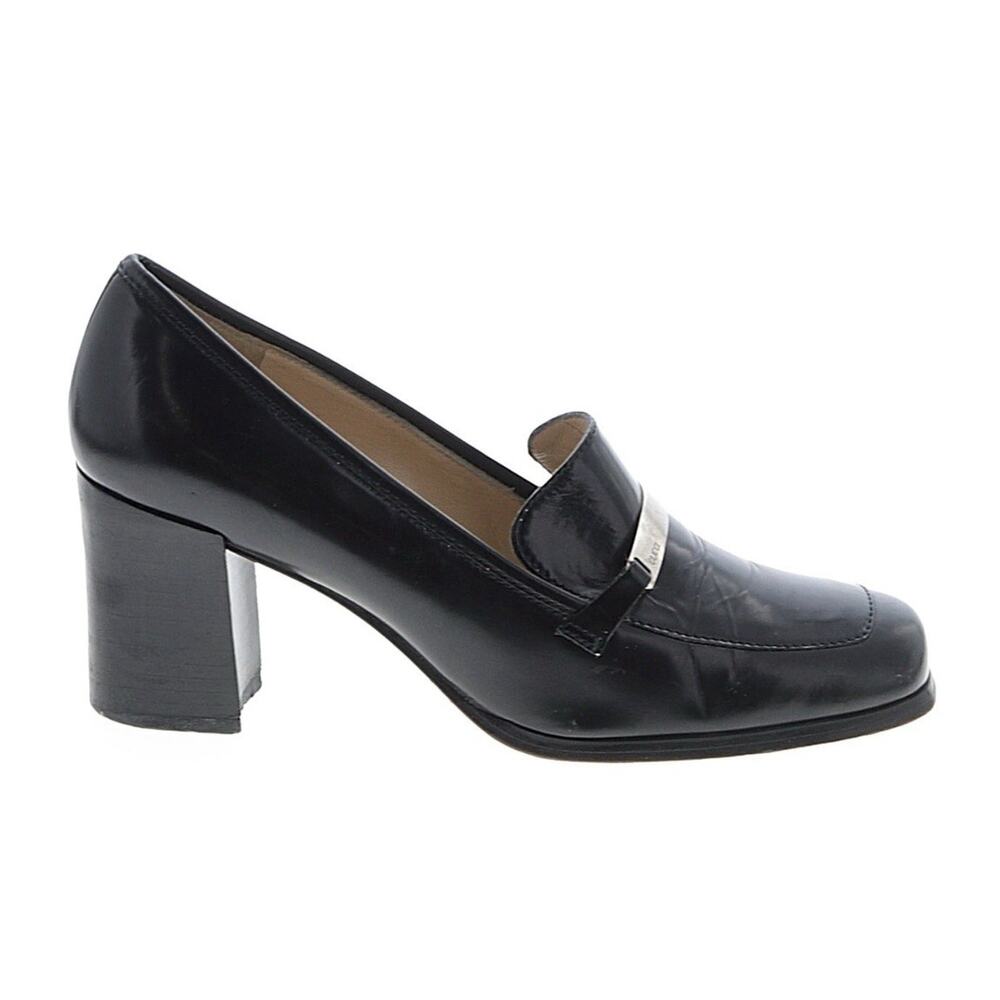 Gucci Italy Black Leather Loafer Heels Size 5 Silver Logo Block Heel Pumps